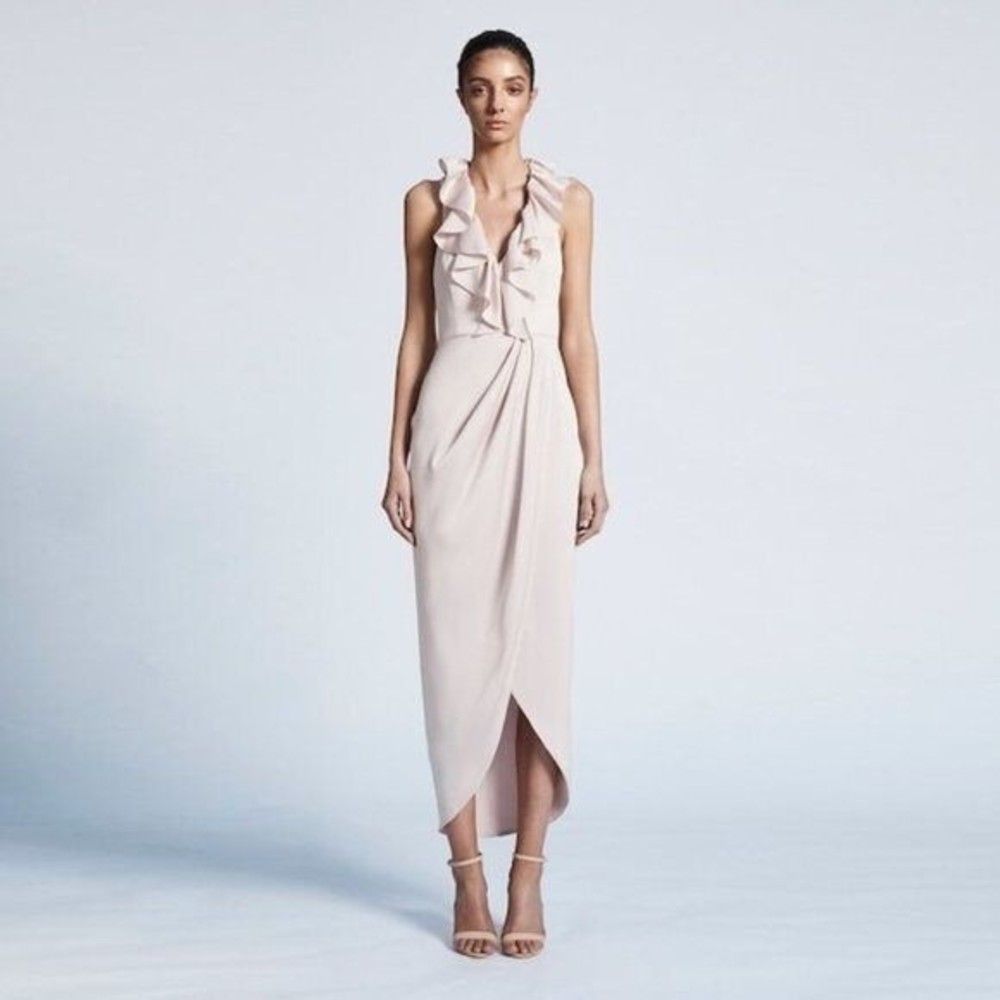 Shona Joy Luxe Plunge Frill Draped Maxi Dress Porcelain Size 8 Wedding Bridesmai